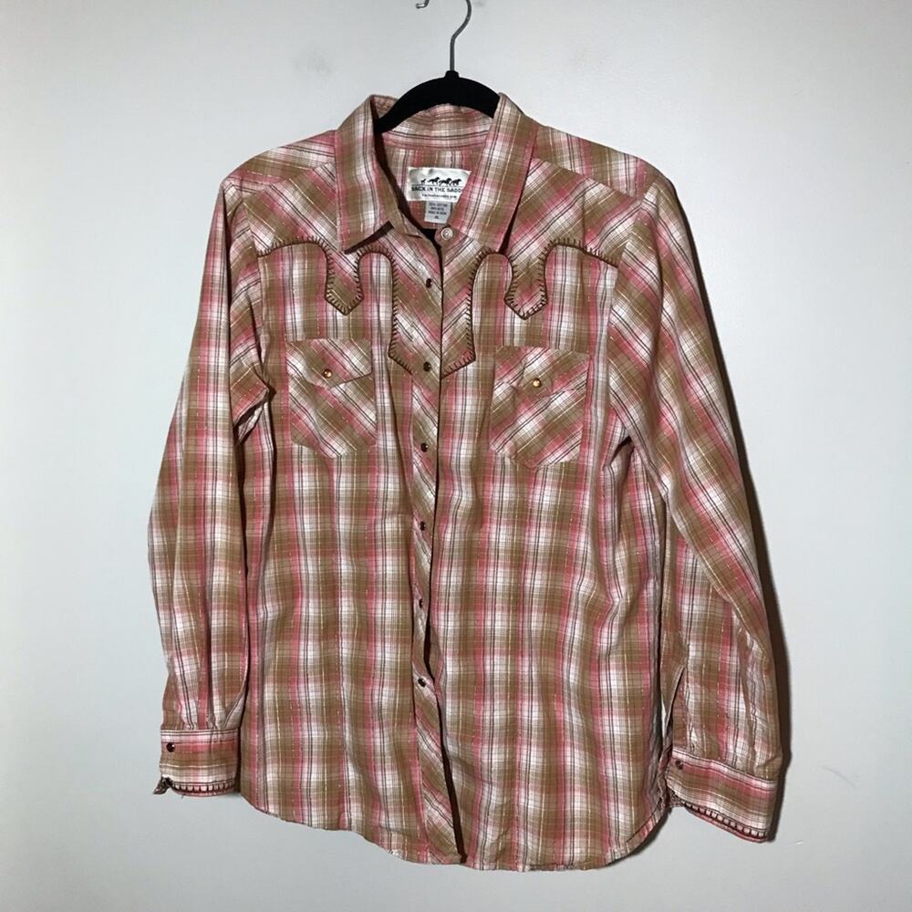 Back in the Saddle XL amber pearl snap western shirt embroidered metallic plaid